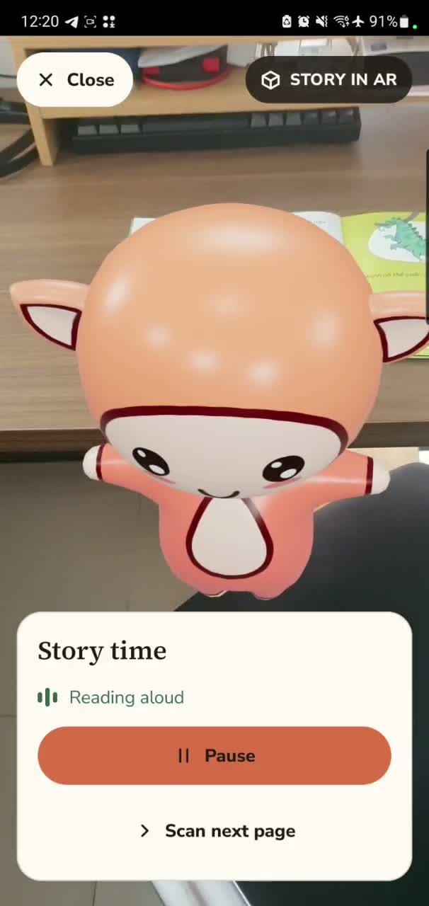 Actual demo: AR character beside a paper book with read-aloud controls